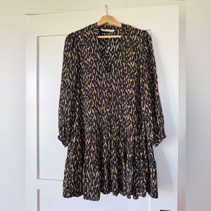 Zara Black and Tan Patterned Animal Print Long Sleeve Dress Small